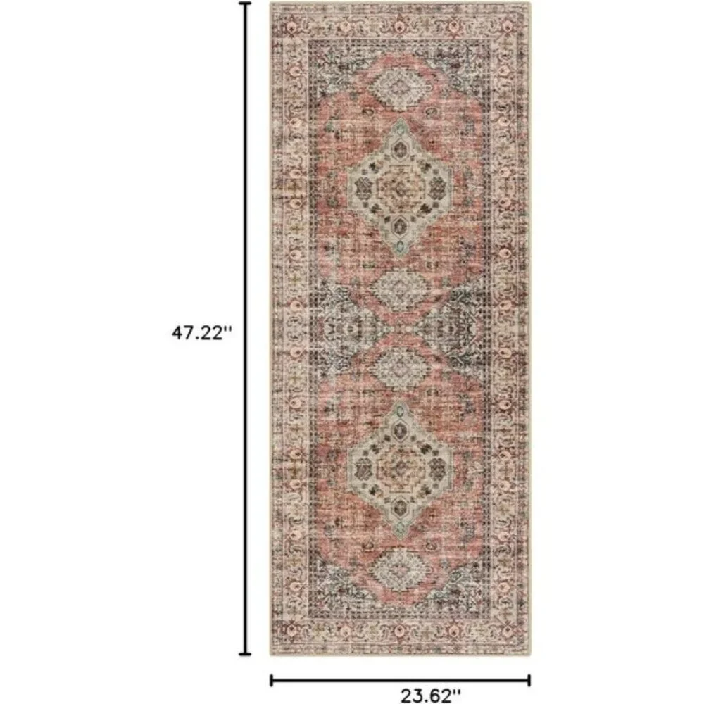 New 2x4 Peach Orange Oriental Rug, Washable, Non-Slip Vintage Entryway Carpet